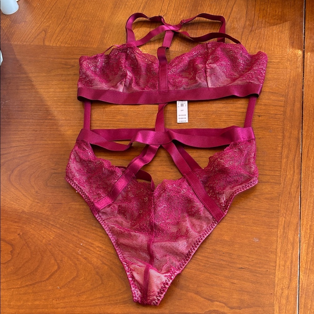 Victoria’s Secret maroon red lace cage bodysuit NWT small